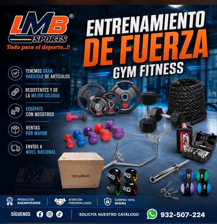 Catálogo de equipamiento de fuerza LMB Sports: mancuernas, discos, barras y cuerdas de batalla